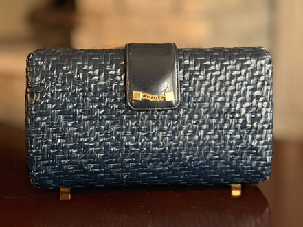 Handbag, Vintage Koret Wicker Navy Clutch (Shoulder Strap Optional)