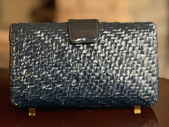 Handbag, Vintage Koret Wicker Navy Clutch (Shoulder Strap Optional)