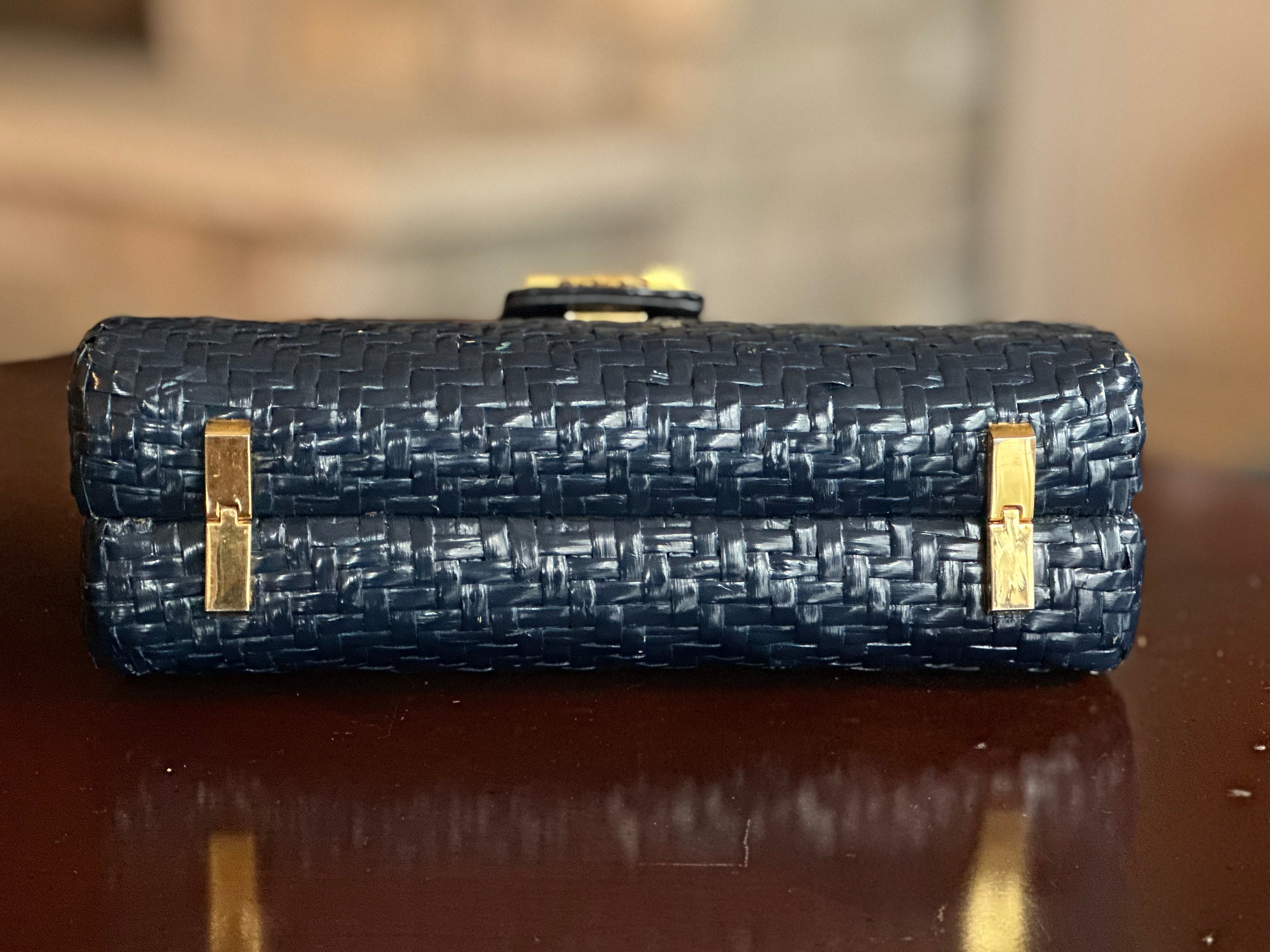 Handbag, Vintage Koret Wicker Navy Clutch (Shoulder Strap Optional)