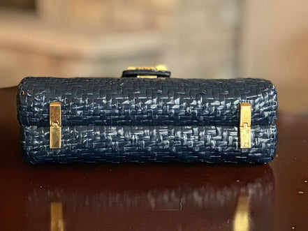 Handbag, Vintage Koret Wicker Navy Clutch (Shoulder Strap Optional)