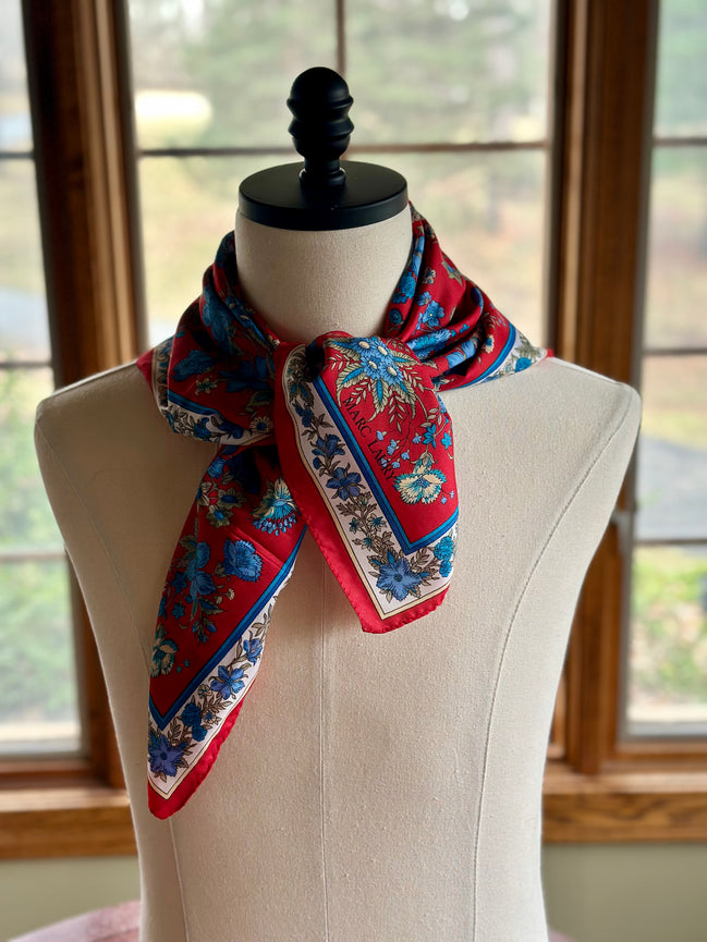 Scarf, Vintage Marc Laury 90s Red & Blue Floral Pattern