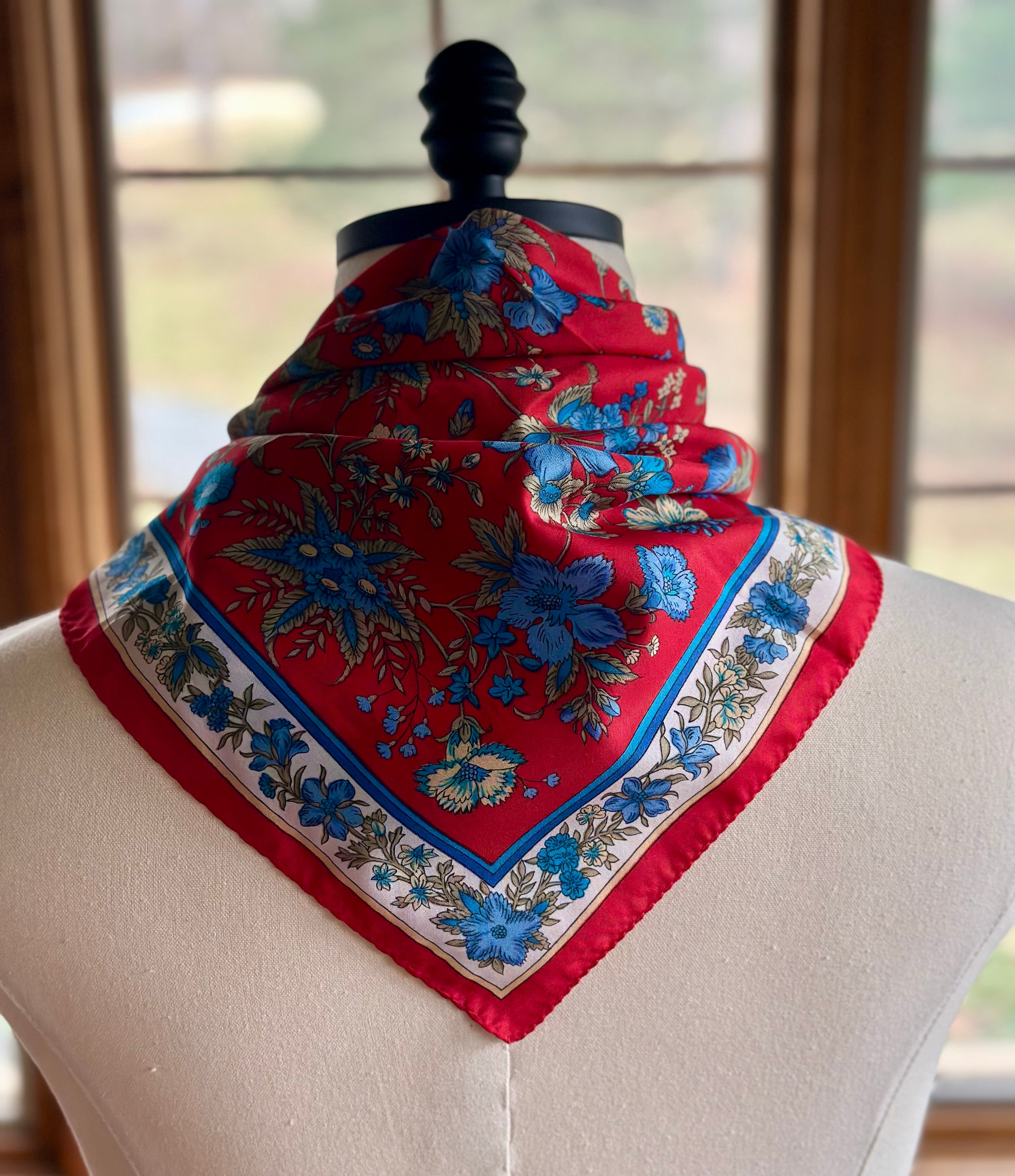Scarf, Vintage Marc Laury 90s Red & Blue Floral Pattern