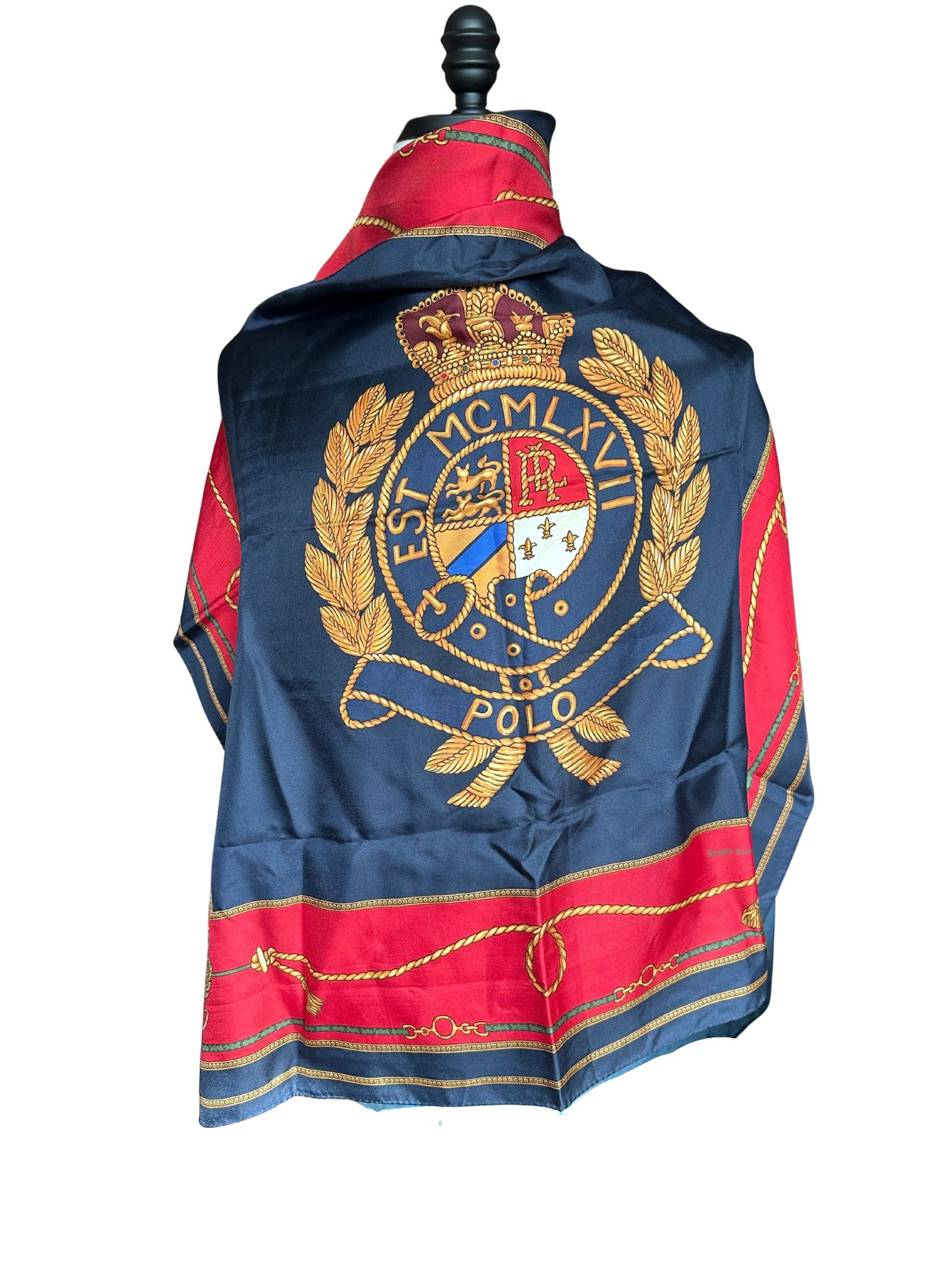 Scarf, Ralph Lauren Polo Navy Red Gold Crown Scarf